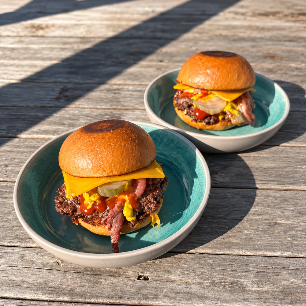 Two burgers served outside at The Sugar Bowl Cafe