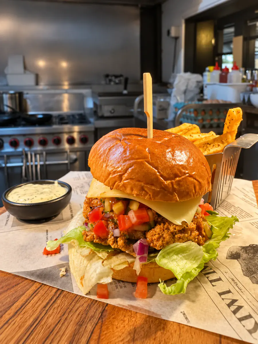 A loaded chicken burger with fries at The Sugar Bowl Cafe