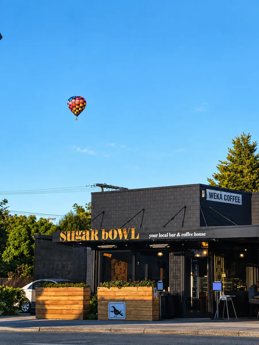 The Sugar Bowl Cafe exterior with a hot-air balloon overhead