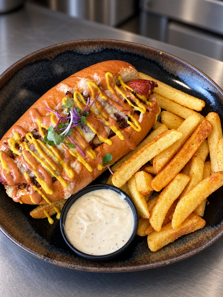 A loaded hotdog and fries at The Sugar Bowl Cafe